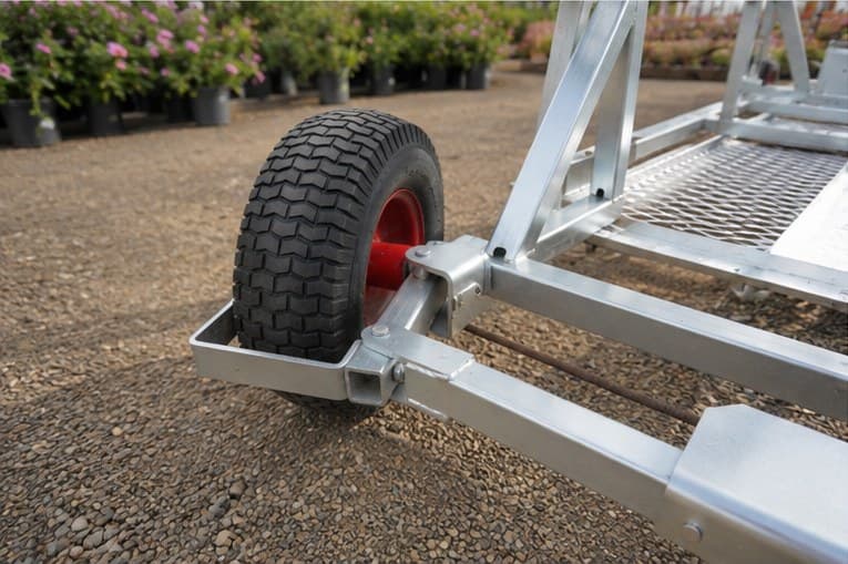 Rear wheel and swivel fork close-up on the nursery gravel